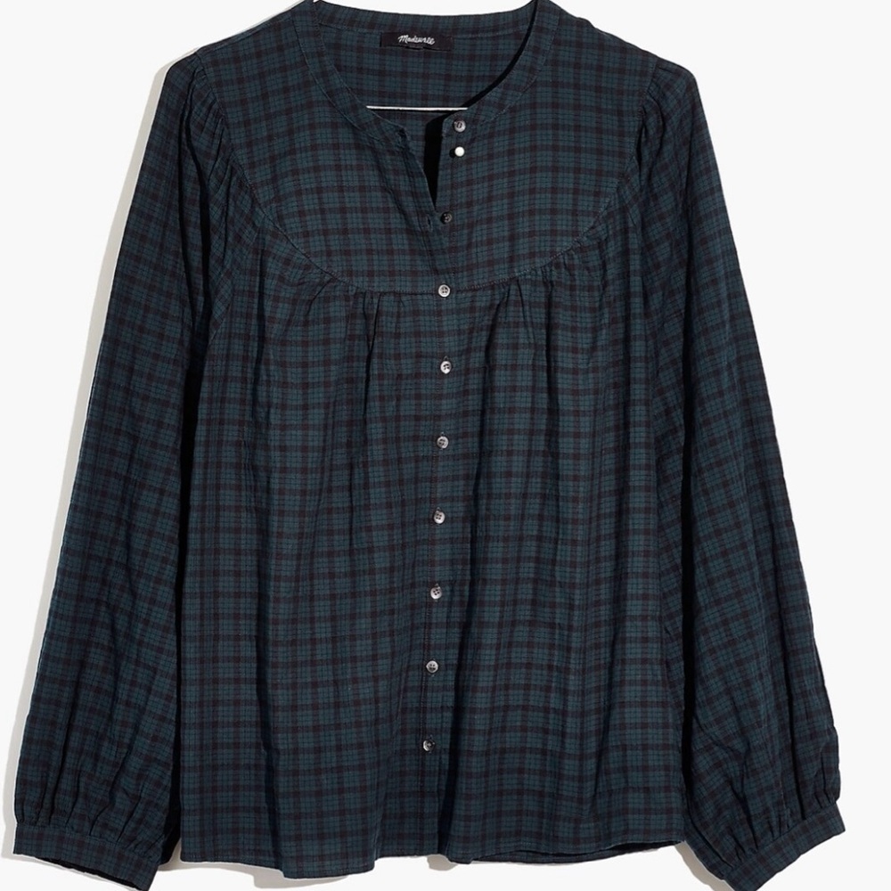 Madewell Plaid Balloon Sleeve Peasant Top size L